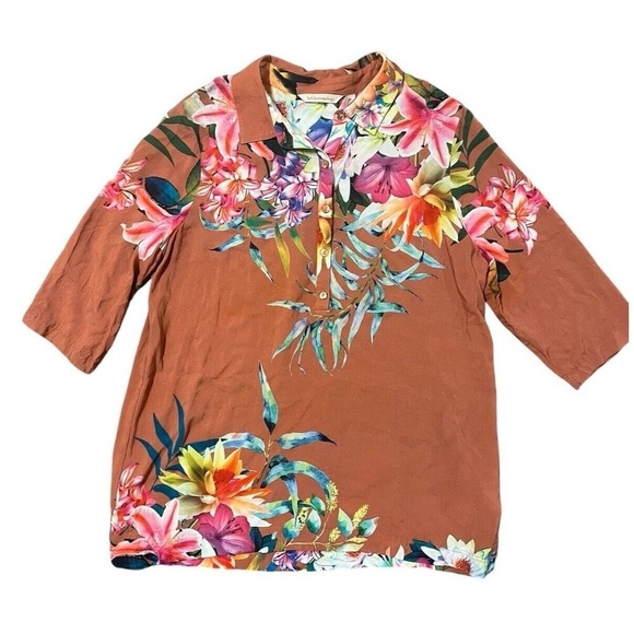 Soft Surroundings Blouse Women L Tunic Top Tropical Floral 3/4 Sleeve Camp Shirt - Picture 7 of 7